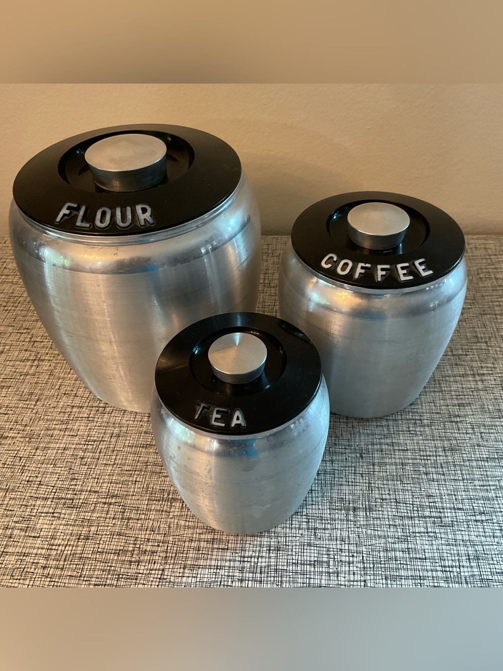 1950s vintage Kromex Metal Canister Set with Black Lids - Tea, Coffee, Flour